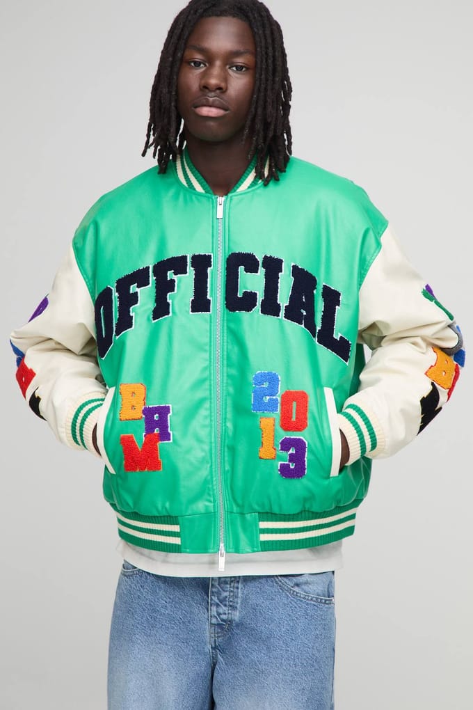 Boxy Fit Letter Badge Official Applique PU Varsity Bomberjack | Green | Size Medium