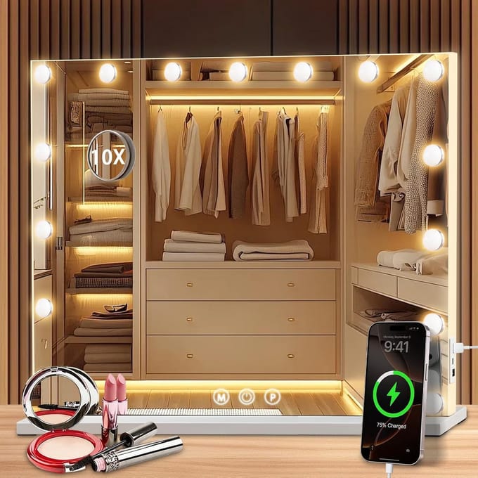 Kaptafel Spiegel - Verlichte Spiegel - Make-up Aanbrengen - 10x Vergroting - 58 x 46 cm - Wit