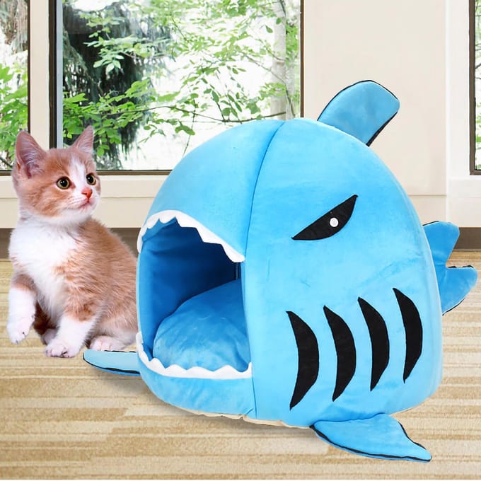 Haai Kattenhuis Verwijderbaar Wasbaar Alle Seizoenen Kat Haai Vormig Bed voor Huisdieren Kittens Honden Blauw blauw
