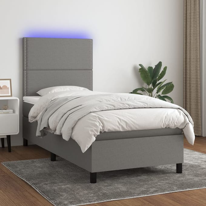 vidaXL - Boxspring - met - matras - en - LED - stof - donkergrijs - 90x190 - cm