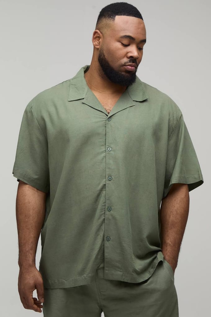 Plus Oversized Korte Mouwen Linnen Blend Overhemd | Olive | Size 2XL