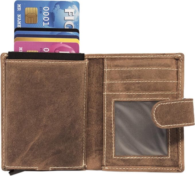 Pasjeshouder Uitschuifbaar – Cognac - Buffelleer - Creditcard Houder - RFID – Anti Skim - Muntgeld Ritsvak - Pasjeshouder