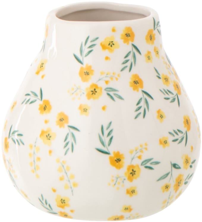 J-Line vaas Bloemen Dolomiet - keramiek - wit/lichtgeel - 2 stuks