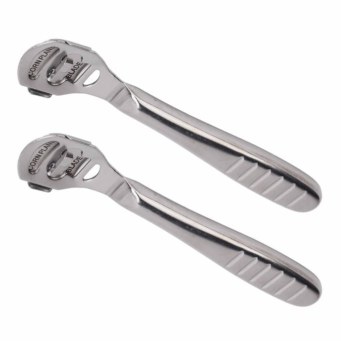 2 stuks Voet Eelt Schraper Anti-Slip Ergonomische Handgreep Roestvrij Staal Pedicure Eelt Verwijderaar Voeten gray