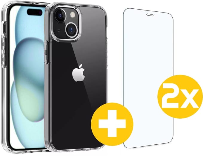 Hoesje en Screenprotector Combi Geschikt Voor iPhone 15 Plus - Transparant Hoesje + 2x Screenprotector