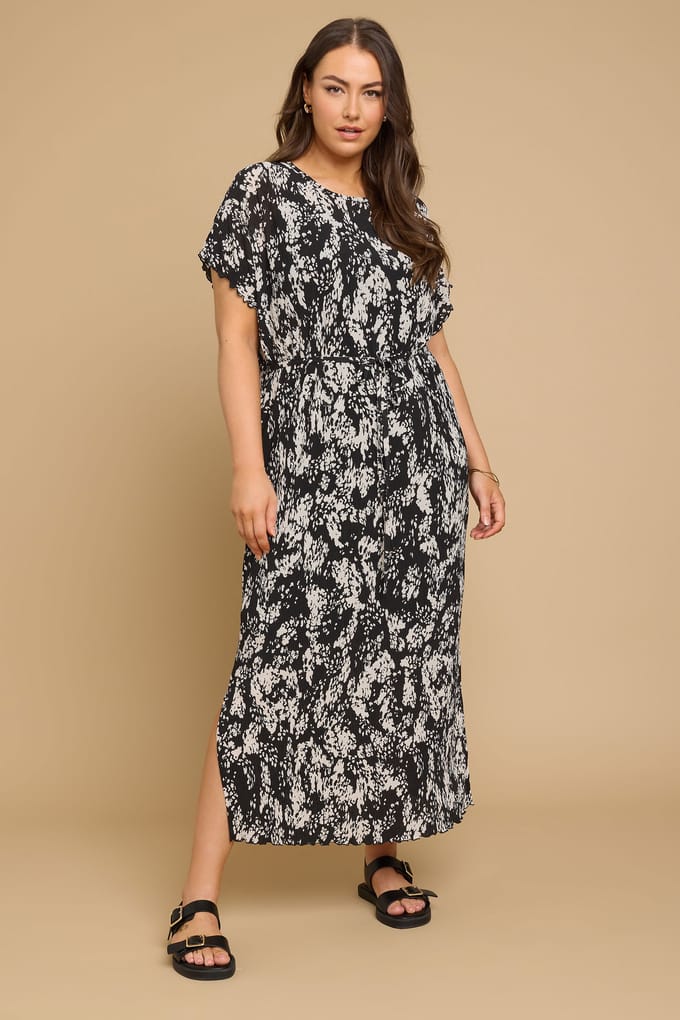 Yours Maxi Jurk Van Plissé Met Abstracte Print In Zwart Size 48