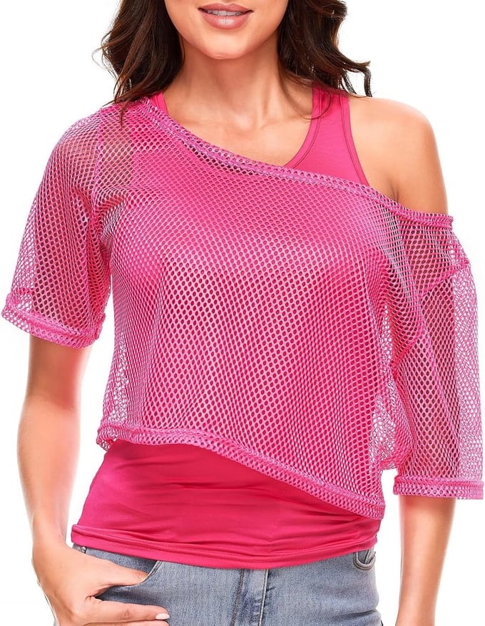 Dames Mesh Crop Top met Ringen - Retro 80s Kostuum voor Carnaval en Disco Feestjes