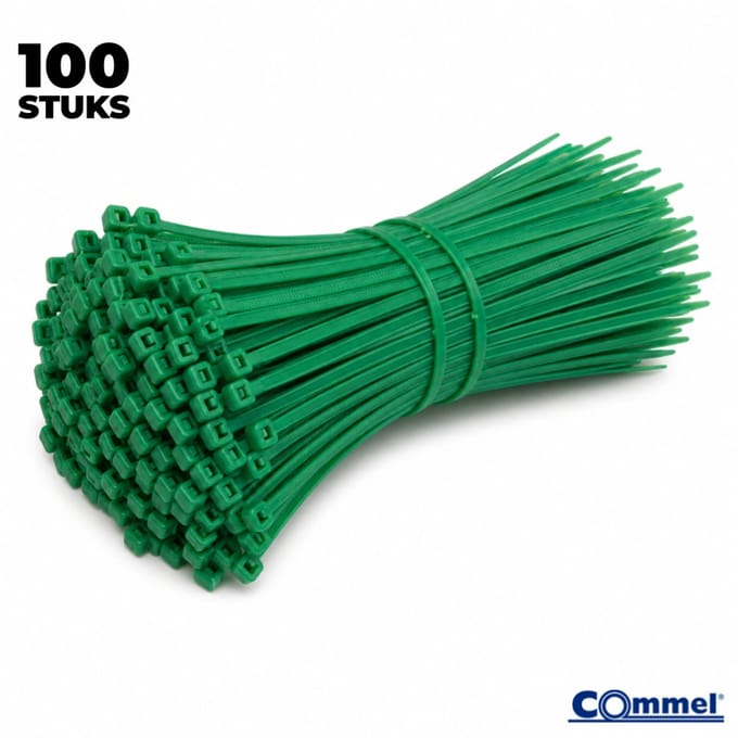 100x Commel Gekleurde Kabelbinders - 200 x 3.5 mm - Groen - Nylon - Treksterkte 18kg