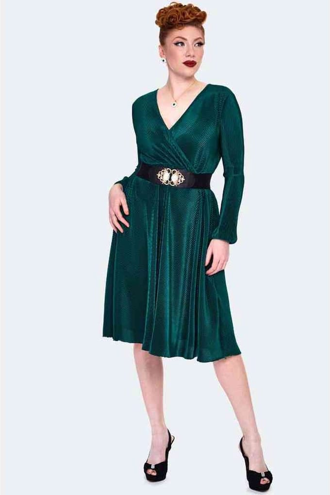 Voodoo Vixen - Plisse Wrap Midi Flare jurk - XL - Groen
