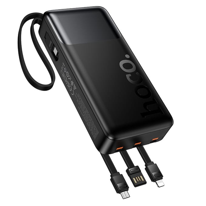Hoco Powerbank 20.000mAh met Ingebouwde Kabels - Universeel Opladen (USB-C, Lightning, Micro-USB) - 22.5W Snelladen - LED Display - Zwart