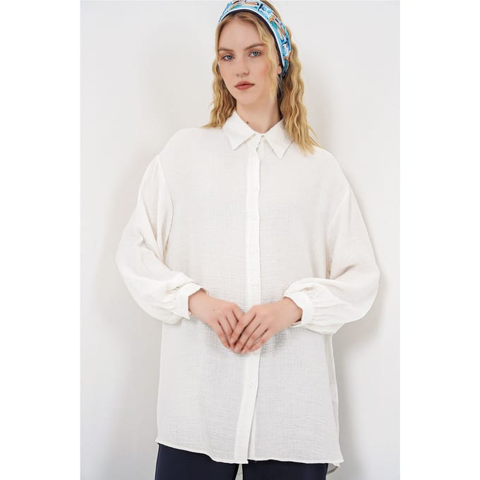 Oversized Textuur Lange Blouse met Shirtkraag