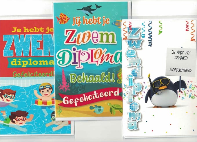 Wenskaart - zwemdiploma - kinderen - gefeliciteerd - set van 3