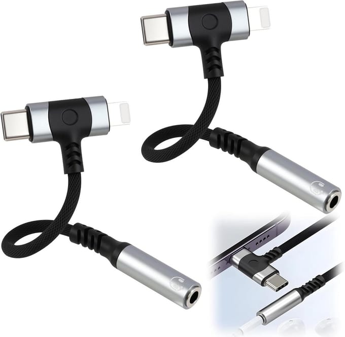 USB C naar Jack Adapter - Hoofdtelefoon Converter - Muziek Luisteren - 2-in-1 L-Aansluiting - 10 cm - Grijs