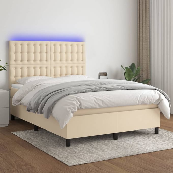 vidaXL - Boxspring - met - matras - en - LED - stof - crèmekleurig - 140x190 - cm