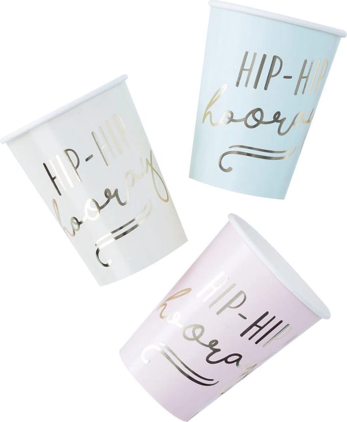 Wegwerp bekers Hip Hip Hooray assorti (8 stuks)