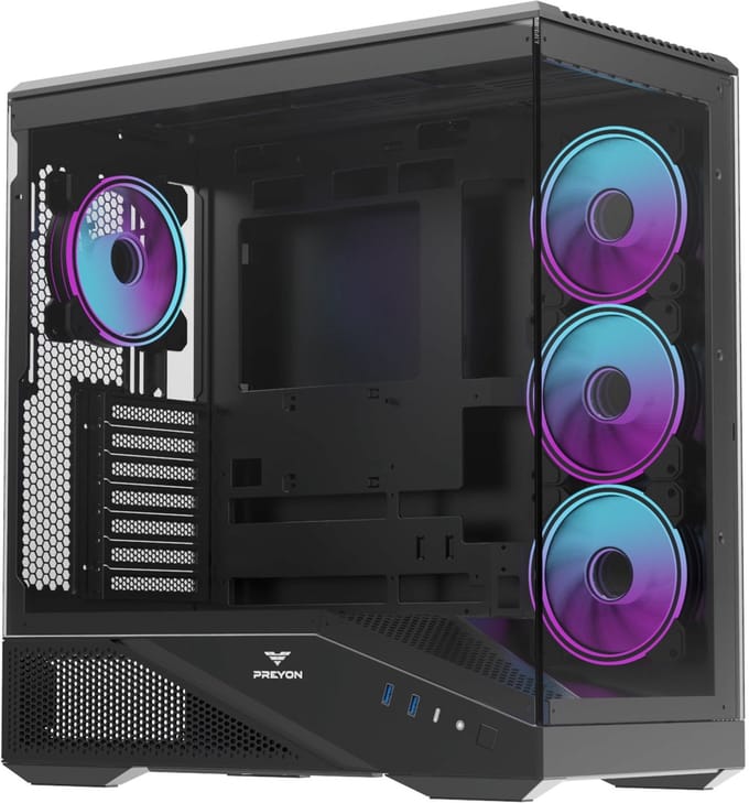 PREYON Nest Seaview ARGB - PC Behuizing - Incl. 4 Fans - Panoramisch Gehard Glas - ATX Gaming Case - USB-C