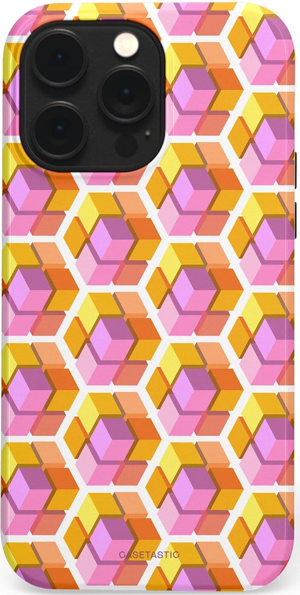 Casetastic hoesje geschikt voor Apple iPhone 14 Pro Max - MagSafe - Dubbellaagse bescherming - Pastel Hex Kunst - Fashion Case - Okergeel Lila Perzik Wit