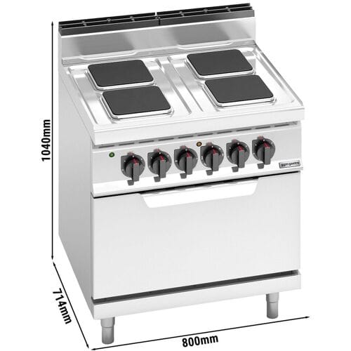 GGM Gastro Elektrisch fornuis - Lorenzo 700 - 800x714mm - 17,9 kW - 4 platen vierkant - incl. elektrische statische oven - 7,5 kW zilver