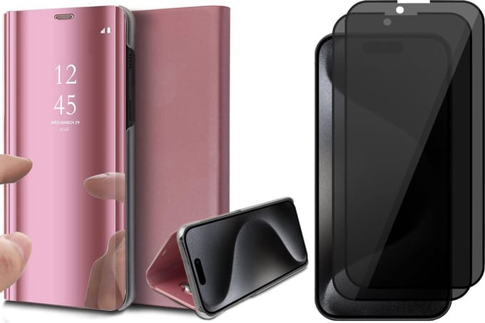 Hoesje geschikt voor iPhone 15 Pro Max - 2x Privacy Screen Protector FullGuard - Book Case Spiegel Roségoud & Screenprotector