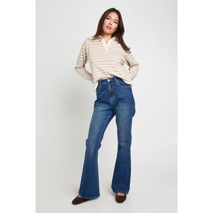 boohoo Dames De hoge taille flare jeans | Grey Blue | Maat: 10/30L