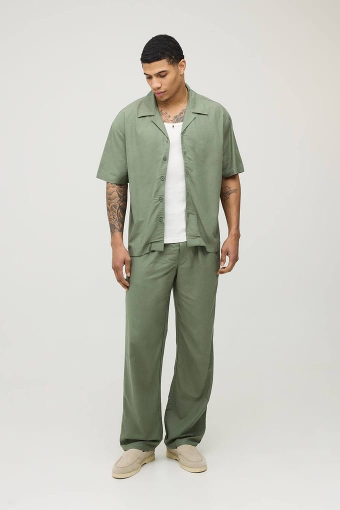 Vakantie Linnen Blend Oversized Shirt & Relaxed Broek Set | Olive | Size Small