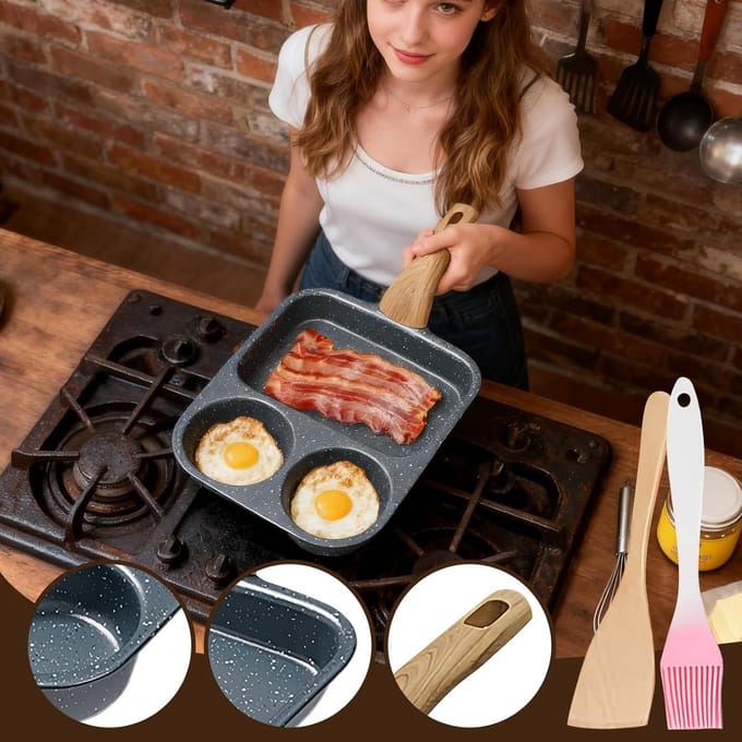 Pannenkoekenpan - Ontbijtpan - Ontbijt Koken - Drie Compartimenten - 39x19 cm - Zwart