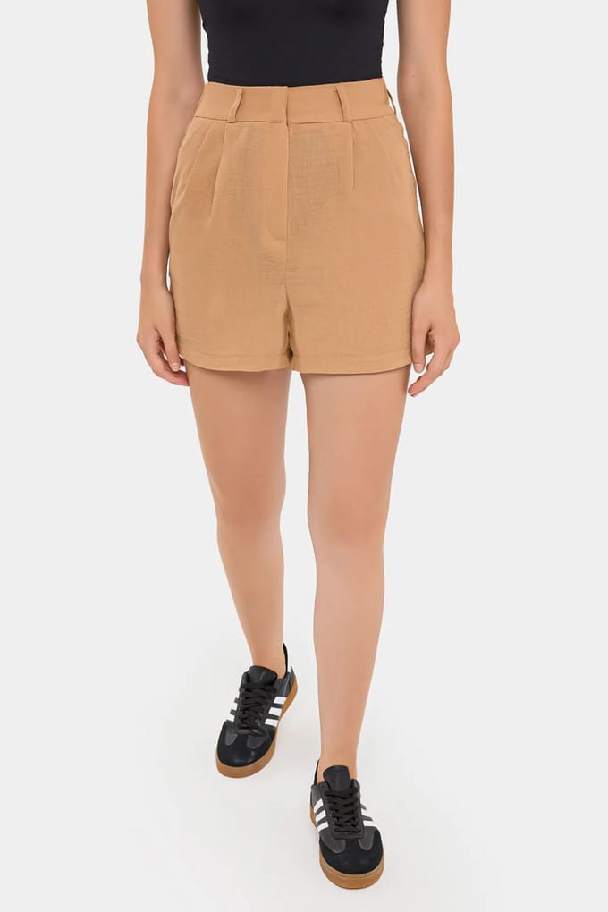 Plissé Hoge Taille Geweven Shorts