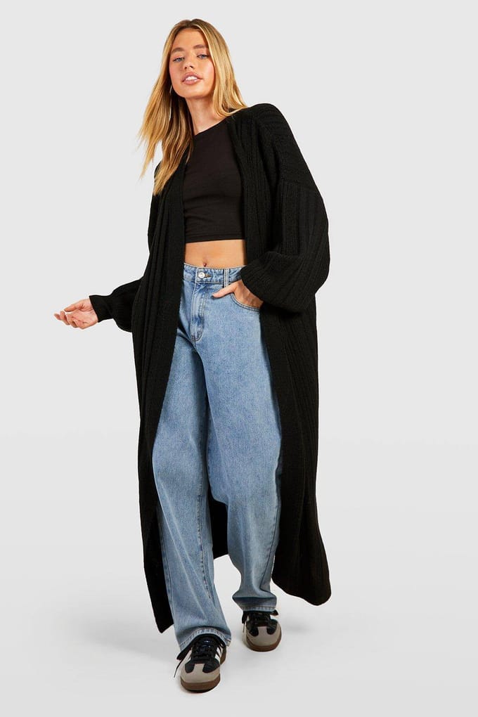 boohoo Dames Mixed Rib Soft Knit Maxi Cardigan | Zwart | Maat: Large