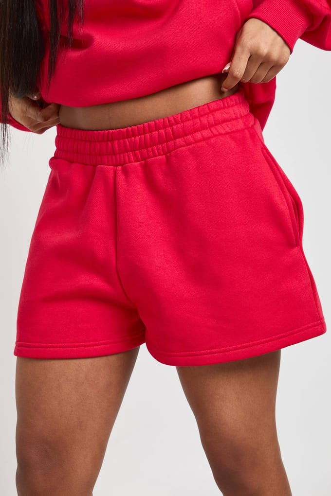 boohoo Dames Sweatshort Met Hoge Taille En Interne Trekkoord | Rood | Maat: Medium