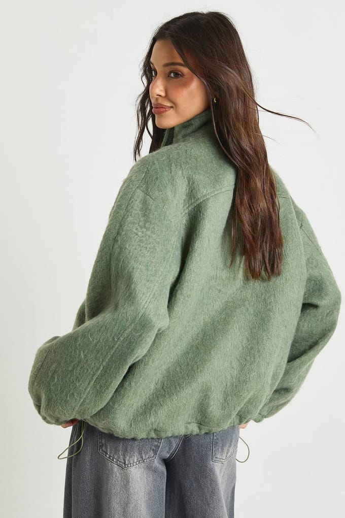 boohoo Dames Getextureerd Wollen Look Bomberjack | Groente | Maat: 42