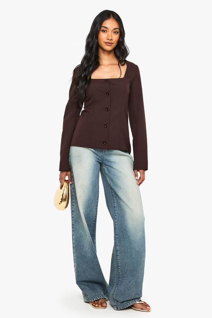 boohoo Dames Kraagloze blazer met vierkante hals | Chocoladebruin | Maat: 36