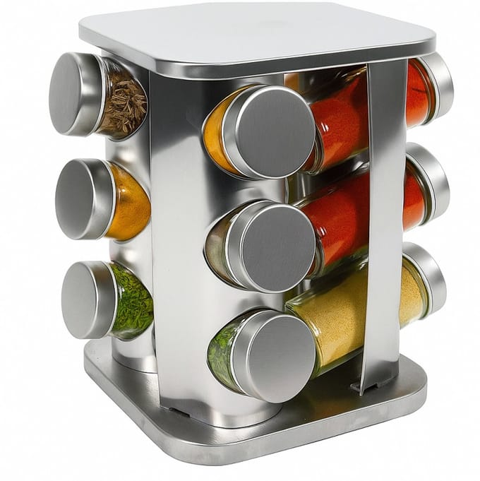 Cookinglife Kruidencarrousel - Specerijenrek - Kruidenhouder - Kruidendoos - Serving Tower - Kruidenrek van RVS en Glas - Zilver - Vaatwasserbestendig - 12-Delig