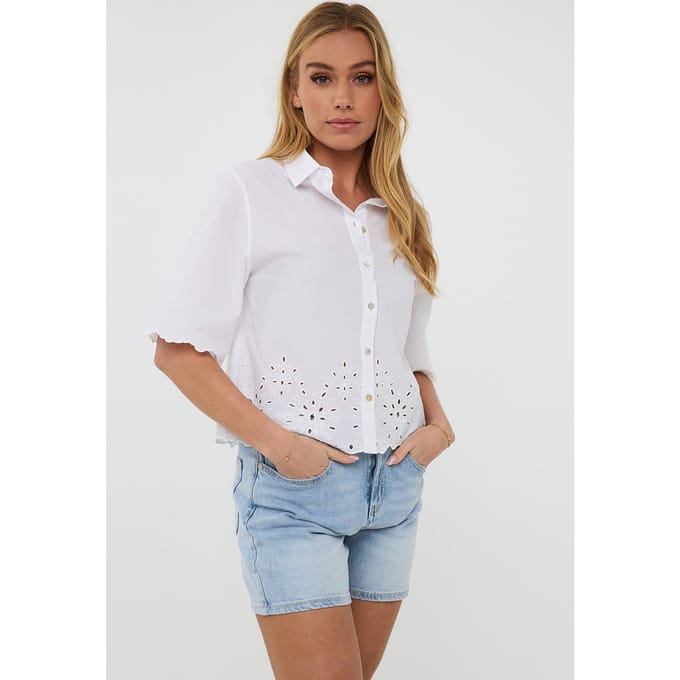 EsQualo Blouse Cropped Crinkle Embroidery Off White Größe: 36 | Blusen Outlet | Damen | Weiß