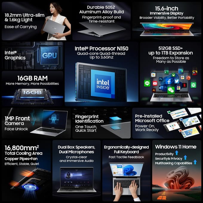 Blackview AceBook 8 Laptop - 15,6 inch Full HD - 16 GB RAM - 512 GB SSD - Intel N97 - Windows 11 Notebook - UHD Graphics - Grijs