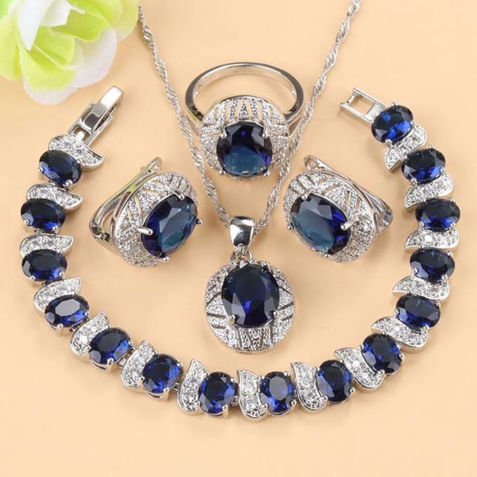 Bijoux Bleus avec Pendentif Serti de Gemmes Boucles d'Oreilles Collier et Bague Ensemble pour Dame 9 gray