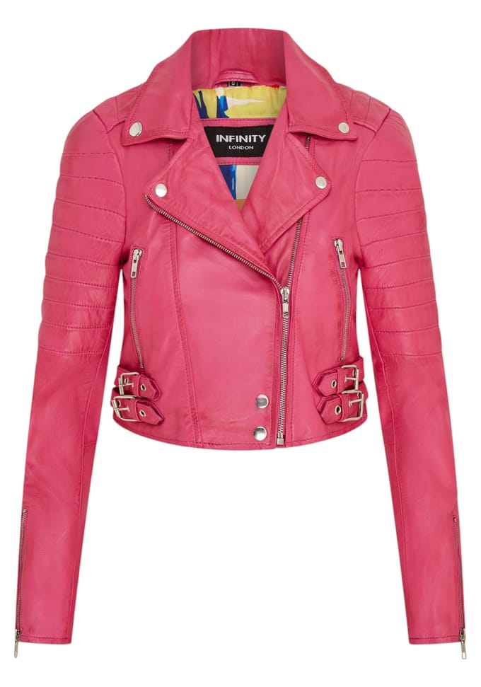 Dames fuchsia roze cropped Brando leren bikerjack - Durban