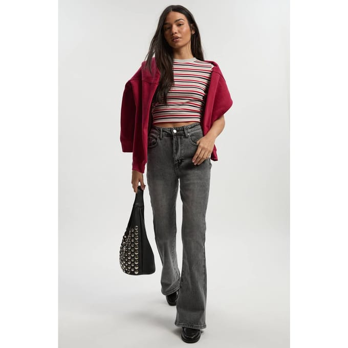 boohoo Dames De Hoge Taille Flared Jeans | Grey | Maat: 12/32L