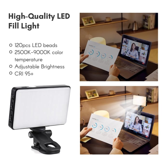 Pocket Clip-on LED-videolamp Computer Tablet Mobiele telefoon Videoconferentielamp 2500K-9000K zwart