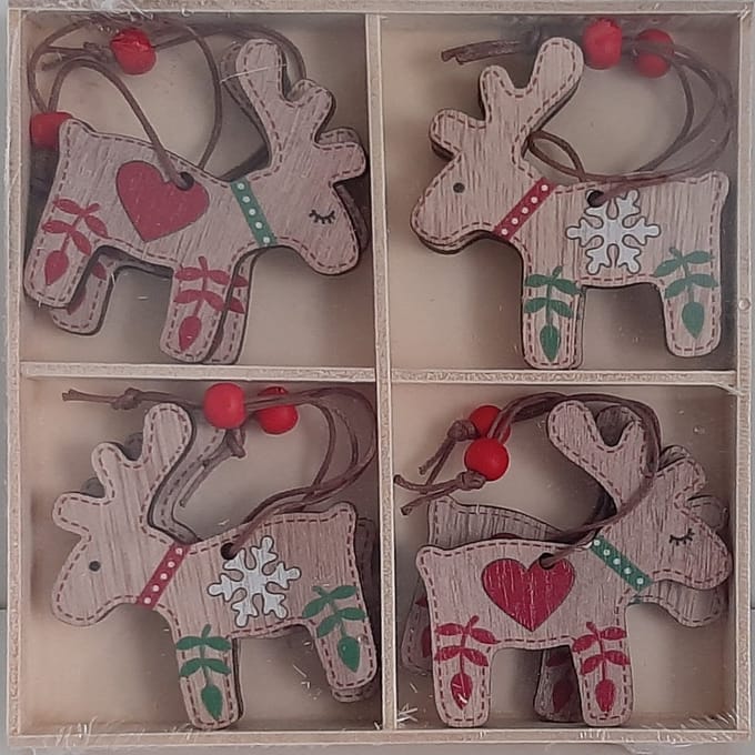 Houten kerstboomhangers rendieren in houten doosje