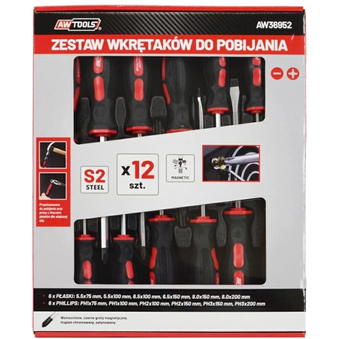 Awtools AW36952 - Schroevendraaierset - 12 stuks - CrV S2 Staal - Ergonomische Handgreep