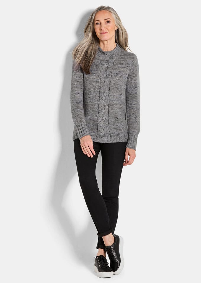 Tricot pullover met kabelpatroon - grijs / gedess. - Gr. 48 van Goldner Fashion