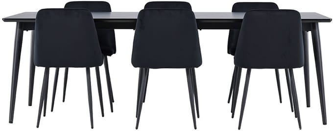 Ellis eethoek tafel 85x230cm en 6 velours stoelen zwart.