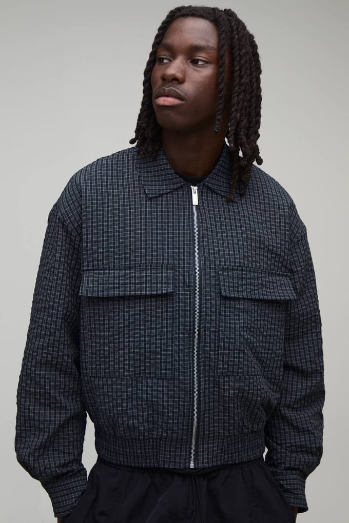 Ruimvallend Getextureerd Geruit Harrington Jack | Navy | Size Medium