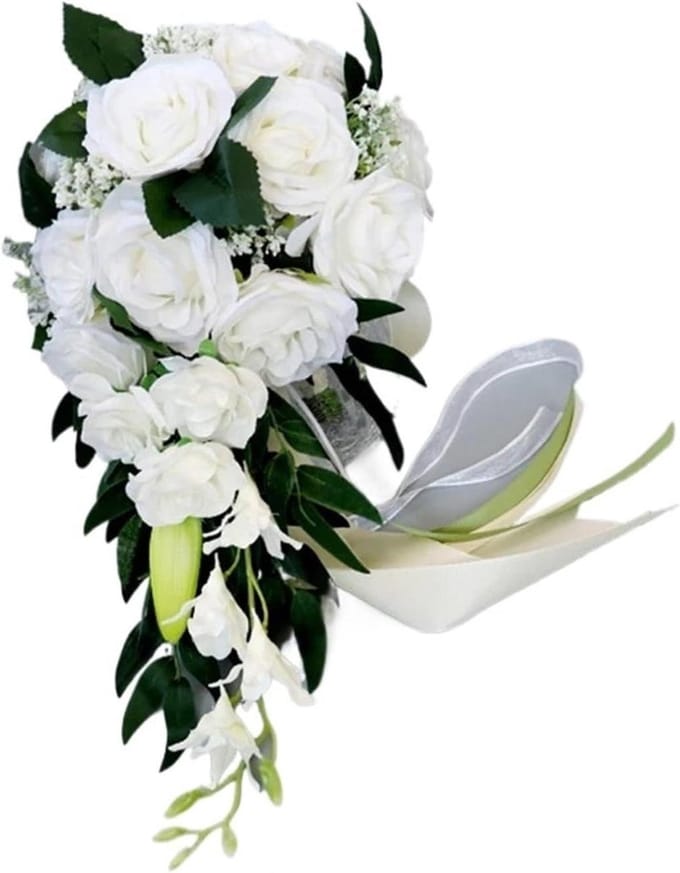 Kunstboeket Bruiloft - Zijden Rozen Boeket - Bruiloft Decoratie - Handgemaakt Ontwerp - 50 cm Lengte - Wit