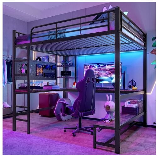 Merax Kinderhoogslaper - 140 x 200 cm - ijzeren frame - met bureau + LED's + USB + Type-C - metaal + MDF - zwart