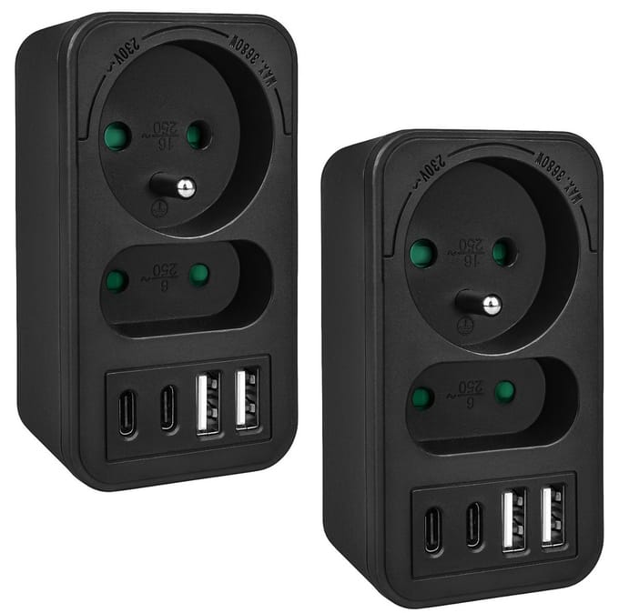 Maclean MCE249 F/W - Set van 2 stuks Stekker - stroomaansluiting x2 + 4xUSB, splitter met 2 aansluitingen, 2xUSB A, 2xUSB C PD 20W, 1x16A + 1x6A