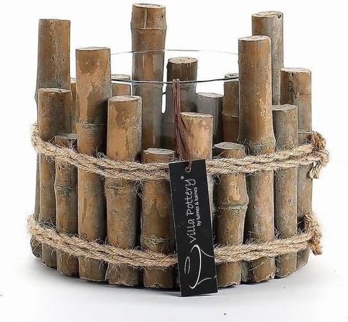 Pot Nepal bruin 18x16 cm Beton Bamboe Oosterse stijl met Windlicht Glas