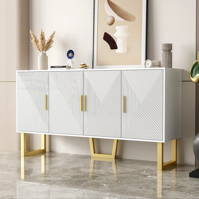 Wishdor - Dressoir Met 4 Deuren - Hoogglans Structuurfronten - Verstelbare Planken - MDF En Spaanplaat - Wit - 150 X 40 X 82 Cm
