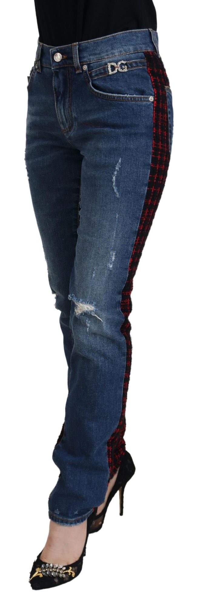 Versleten Denim Jeans Rood Zwart Ruit