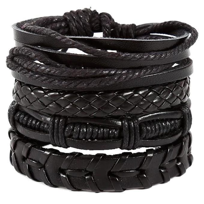 Fako Bijoux® - Leren Armband - Leder - Set Emilio - 4 Stuks - Zwart